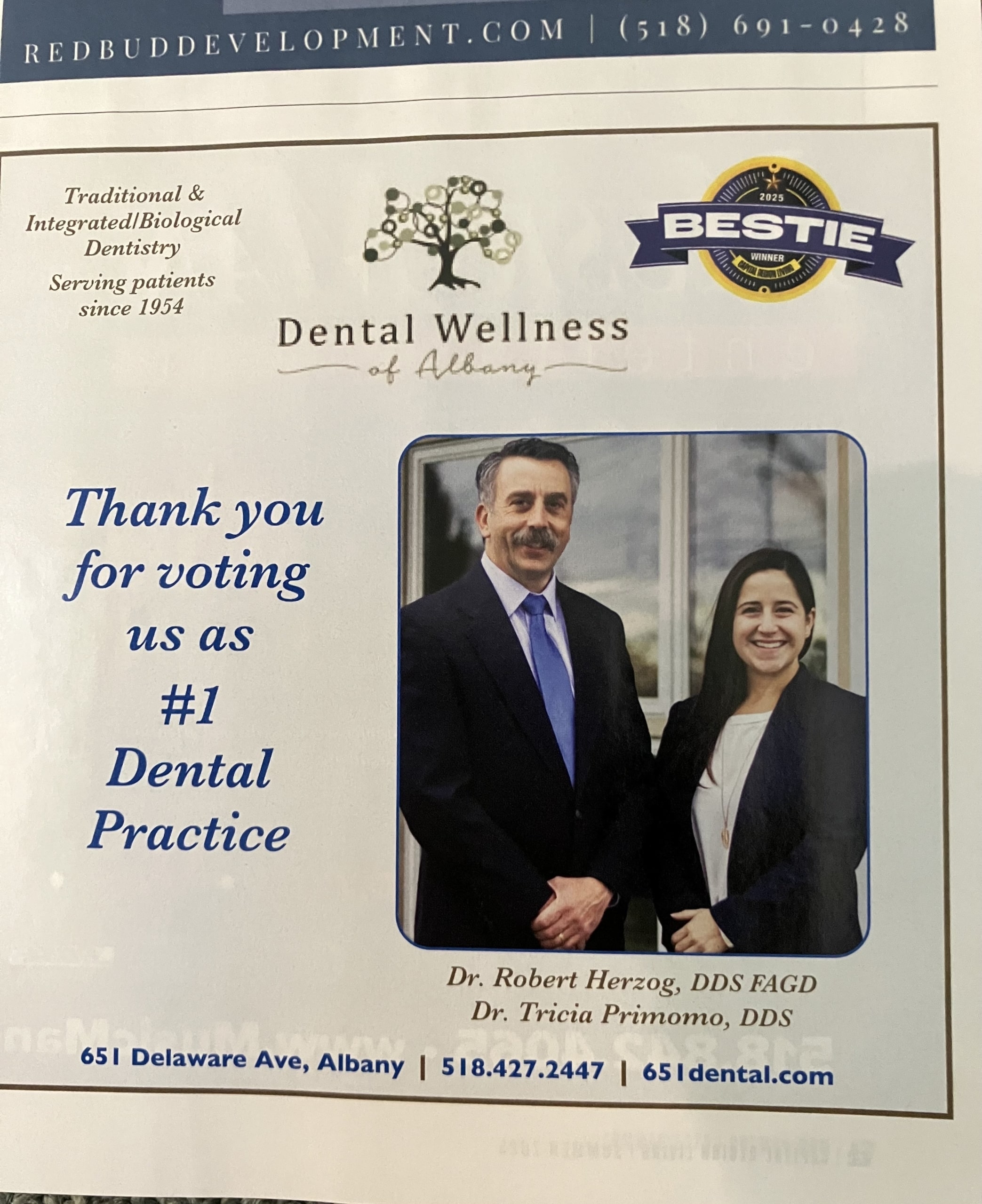 Advertisement for Dental Wellness of Albany showing two dentists, Dr. Robert Herzog and Dr. Tricia Primomo, with text stating they were voted #1 dental practice. Contact information is included.